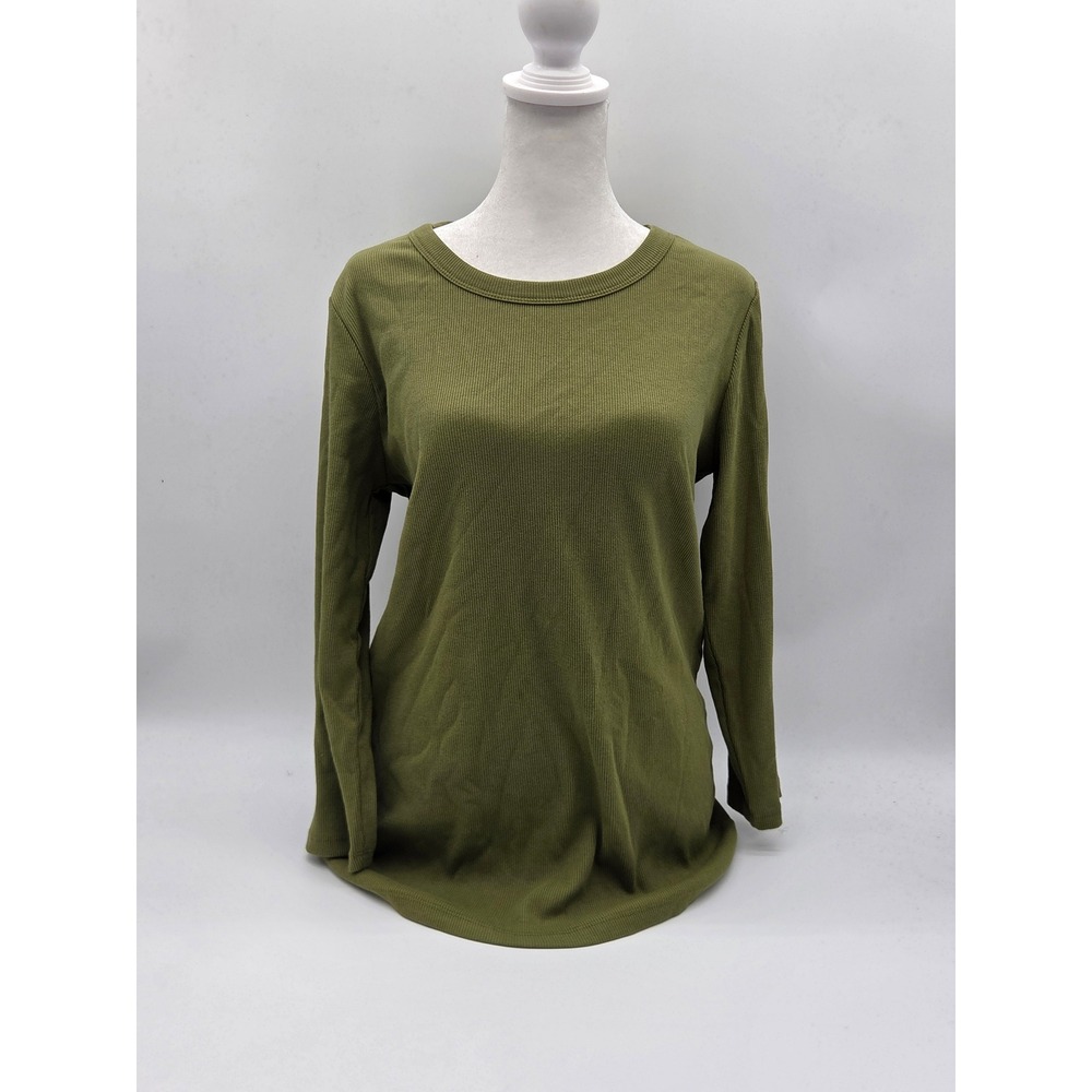 Market & Spruce Women's Large Olive Green Ribbed Long‎ Sleeve Crewneck Top